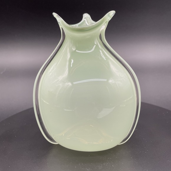 Signed ZAM Murano Green Opaline Glass Art Vase W/ Applied Clear Trails 4.75